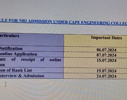 SCHEDUDLE FOR NRI ADMISSION UNDER CAPE COLLEGES 2024-25